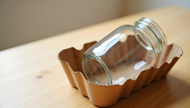 Empty glass jar resting inside a cardboard tray on a wooden surface with horizontally brown cardboard empty transparent lies horizontally sustainable recyclable protection minimalist container