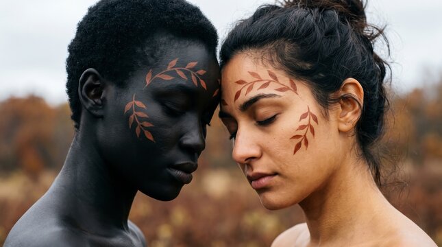 Diverse Women With Copper Leaf Face Paint Share A Tender Embrace In Autumn Field