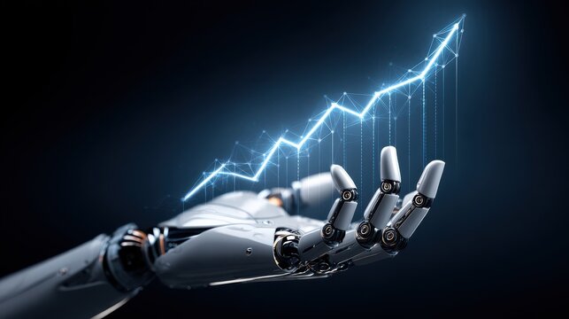 A robotic hand holding a glowing financial growth chart against a dark background. Business analytics concept for artificial intelligence and technology ads.