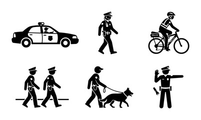 Police Officer Icons Set: Patrol Car, Bicycle Cop, K9 Unit, Traffic Control, Law Enforcement Vector Graphics © Apurbo
