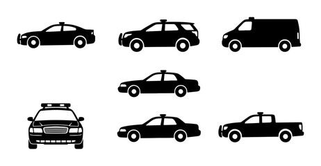 Police Car Icons, Law Enforcement Vehicle Silhouettes, Emergency Service Transport Set © Apurbo