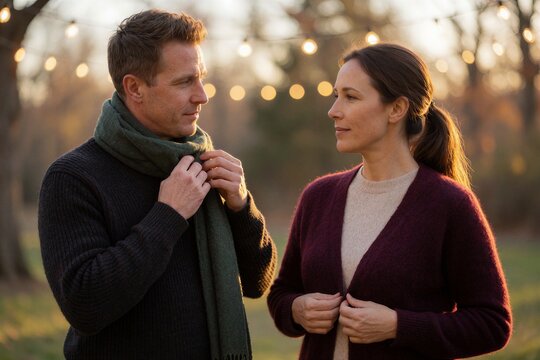 A couple sharing a tender moment outdoors during golden hour, suggesting a festive atmosphere like hanging Christmas ornaments.
