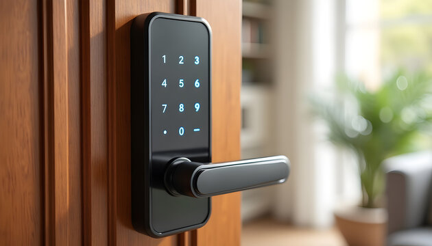 Black electronic smart lock with a numeric keypad installed on a wooden interior door with glowing numeric keypad mounted smart home entry door authentication modernization residential security