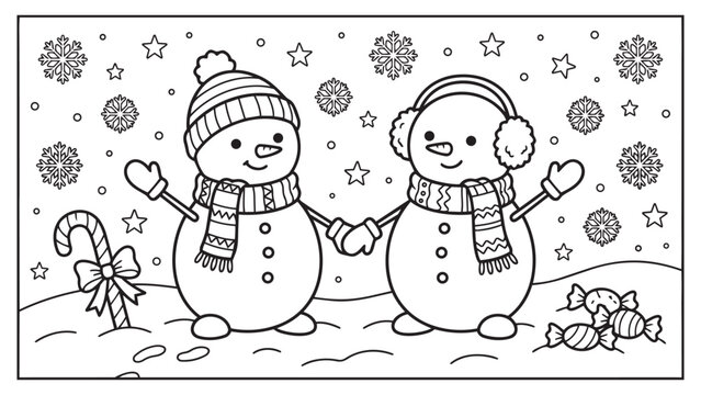Cute winter snowmen couple holding hands line art coloring page for kids with snowflakes stars and sweet christmas treats vector illustration.