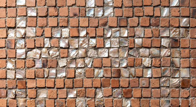 Terracotta and pearl shell square tile grid mosaic pattern