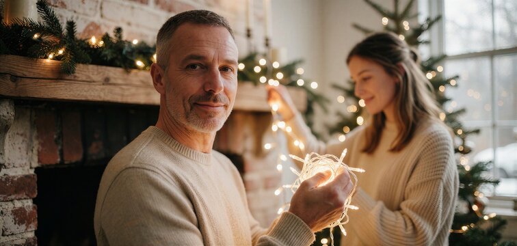 Two people decorating a Christmas tree with warm white string lights indoors, capturing a cozy holiday moment.