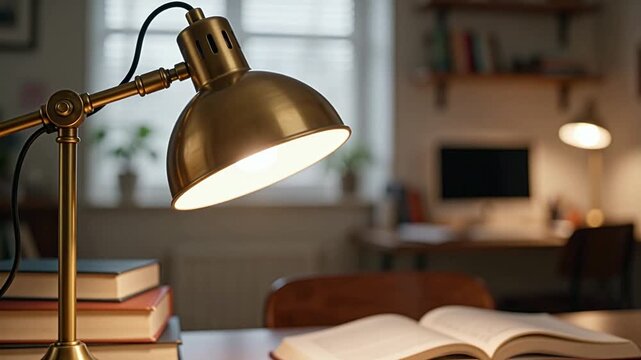 Desk lamp a brass finish light turning on gently study room b-0