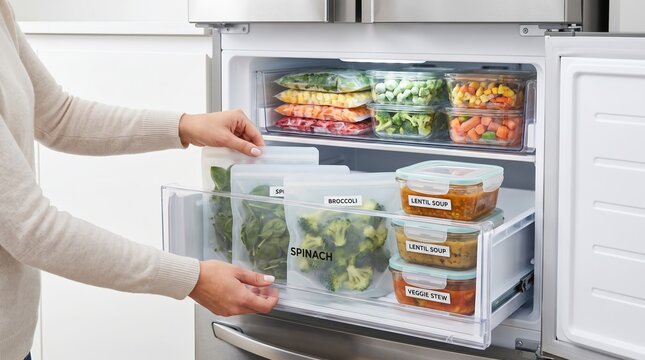 Woman organizing labeled vegetables and homemade meals in freezer drawer. Meal preparation, food storage, healthy eating, household organization, and sustainable kitchen concept