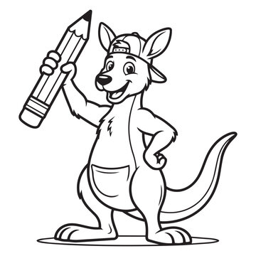 Cute Cartoon Kangaroo Holding Big Pencil Line Art Illustration For Kids Coloring Page Activity Book School Education Vector Clipart Design.