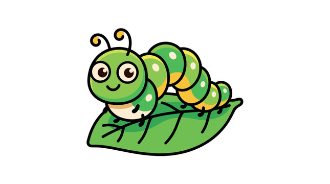 A cute, vibrant cartoon caterpillar with large eyes sitting on a green leaf. This friendly vector illustration is perfect for children's books, educational projects, and nature designs.