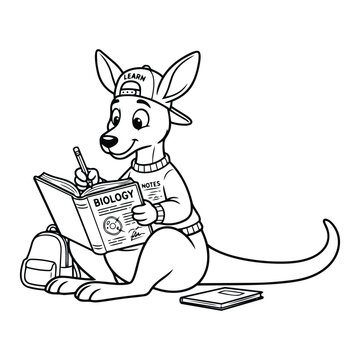Cute Cartoon Kangaroo Student Writing Biology Notes In Textbook With Pencil Backpack Line Art Coloring Page Outline Vector desing.