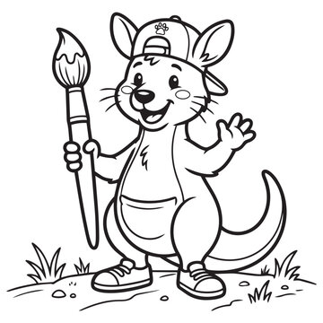 Cute Cartoon Kangaroo Holding Paintbrush Line Art Coloring Page Outline Vector Illustration Printable Activity Sheet For Kids School Art.