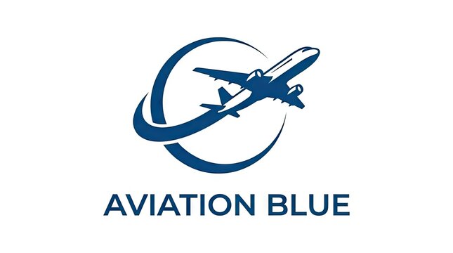 Blue airplane aviation logo with circular motion swoosh.