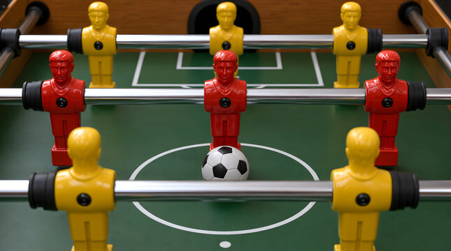 Detailed close-up 3D illustration of a modern foosball table featuring vibrant red and yellow players and a classic black and white soccer ball, creating a dynamic sports game concept, photography, ad
