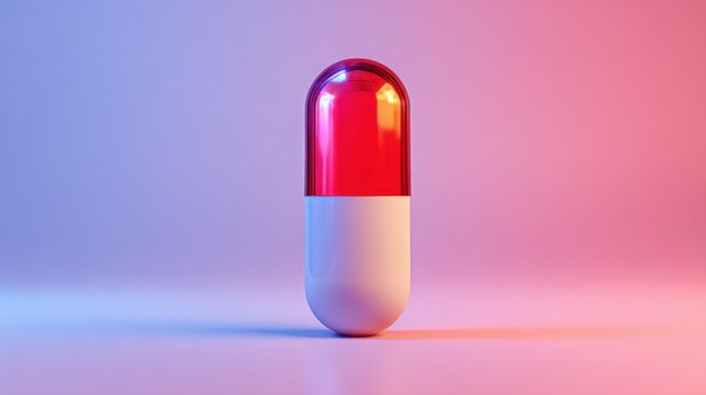 A single red and white capsule pill stands upright on a gradient pink and blue background. This pharmaceutical concept image is ideal for healthcare and medicine advertising.