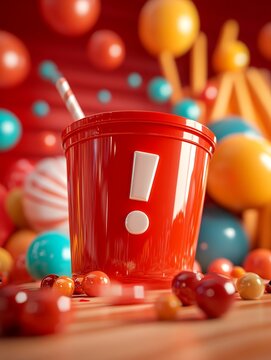 Red cup with exclamation mark sits on wooden surface among colorful gumballs and blurred background