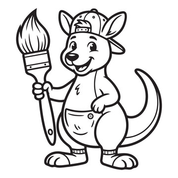 Cute Cartoon Kangaroo Holding Paint Brush Line Art Illustration For Kids Coloring Page Activity Book Art School Vector Clipart Design.