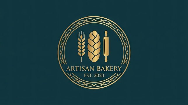 Gold circular artisan bakery logo with wheat and rolling pin.