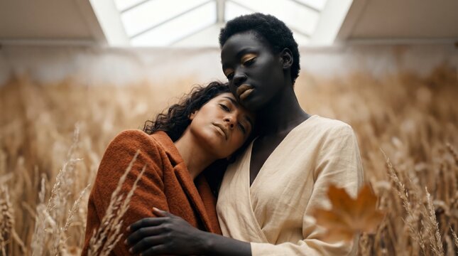 Multiracial Women Embracing With Golden Face Art In A Glowing Autumn Wheat Field