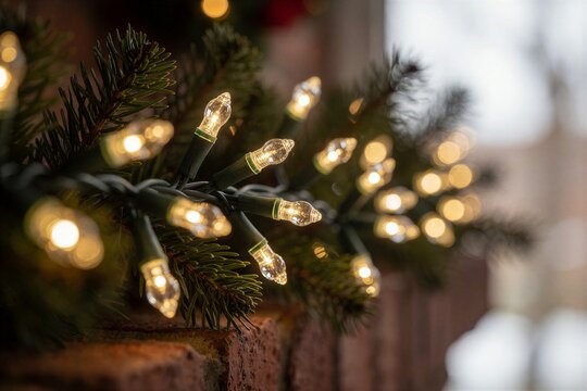 Close-up of warm white LED lights woven into a holiday garland decorating a brick fireplace mantel for Christmas.