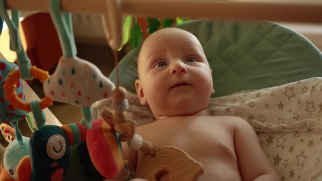 Adorable newborn baby boy with big blue eyes is sitting in a bouncer chair, smiling and playing with colorful hanging toys, showing genuine emotions of happiness and curiosity