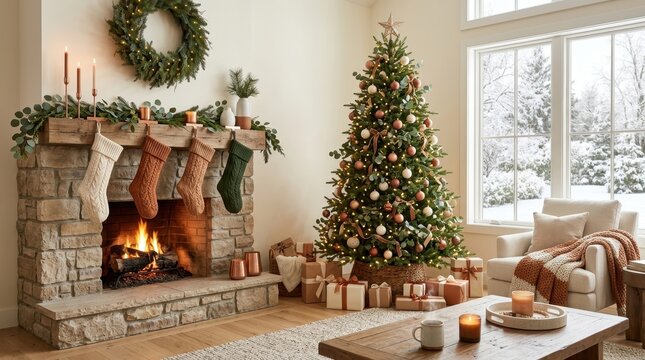 Cozy christmas living room interior with a decorated tree, fireplace, stockings, and gifts in a warm, festive atmosphere