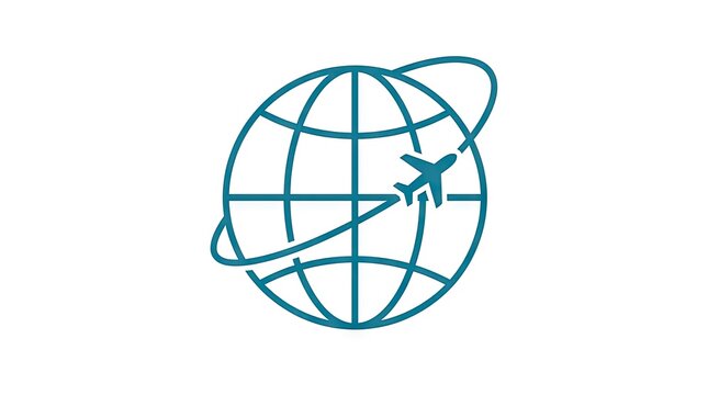 Teal globe icon with airplane circling.