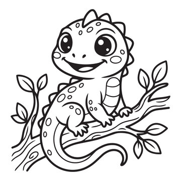 Cute Baby Iguana Sitting On Tree Branch Outline Coloring Page Vector design  For Kids.