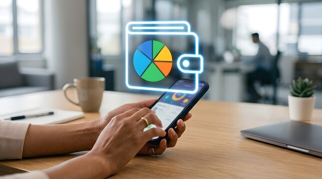 Person managing financial portfolio on smartphone with digital wallet and pie chart icon in office.