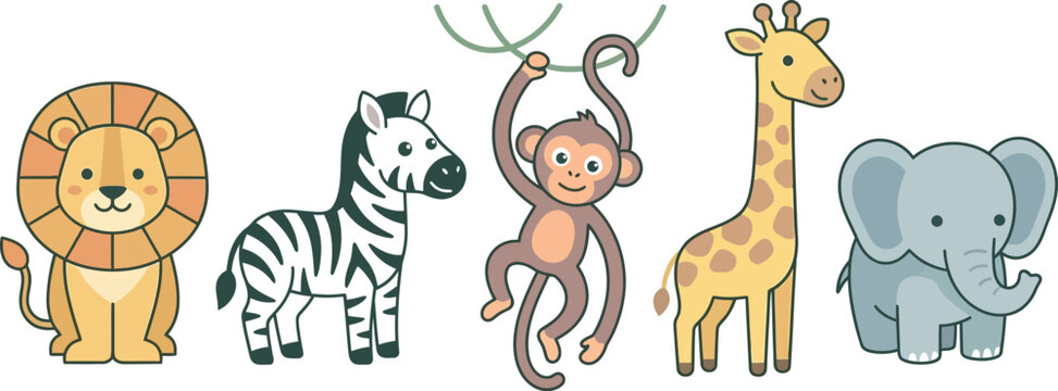 Cute cartoon safari animals set including a lion zebra monkey giraffe and elephant isolated on a transparent background