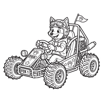 Cute Fox Driving Racing Go Kart Off Road Vehicle Dune Buggy Outline Coloring Page Vector Illustration.