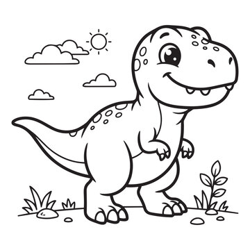 Cute Tyrannosaurus Rex Dinosaur Coloring Page Outline Vector Illustration for Kids Activity Book Educational Prehistoric Animal Line Art Worksheet Printable.