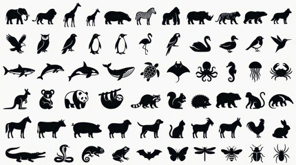 Naklejka premium Large Collection of Animal Silhouettes Vector Icons Set - Wild, Farm, Sea, and Insect Species for Design