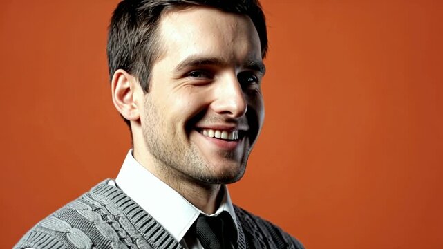 Male school librarian in a grey knit vest three-quarter profile th-0
