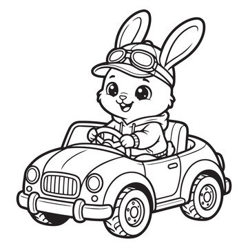 Cute Bunny Driving Toy Convertible Car Coloring Page Vector Illustration Line Art Mascot Character Design for Kids Activity Book Printable.