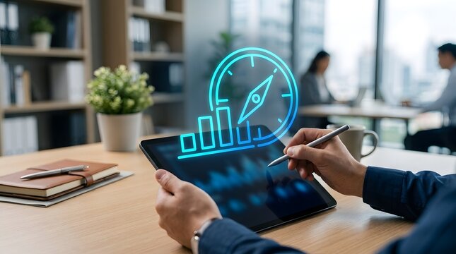 Professional analyzing holographic performance data and metrics on a digital tablet in office.