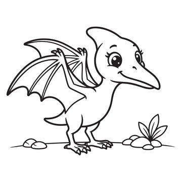 Cute Baby Pterodactyl Dinosaur Line Art Coloring Page for Kids Prehistoric Vector Illustration Outline Printable Worksheet Activity Book Graphic.