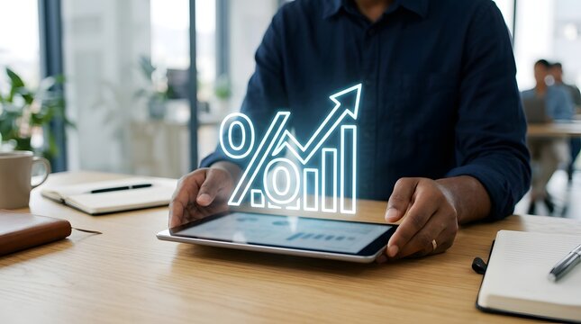 Business professional tracking financial growth and interest rates using digital tablet with holographic bar chart.