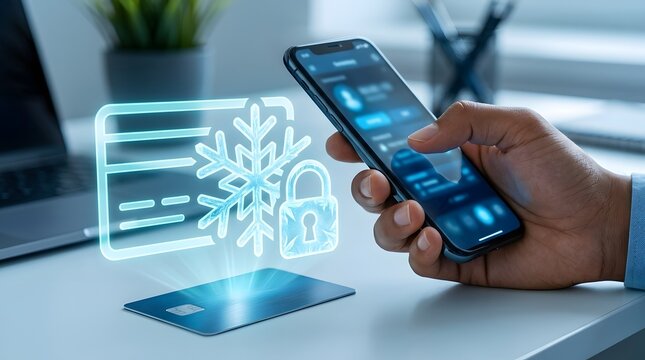 Hand using mobile app to freeze credit card with digital hologram for financial security.