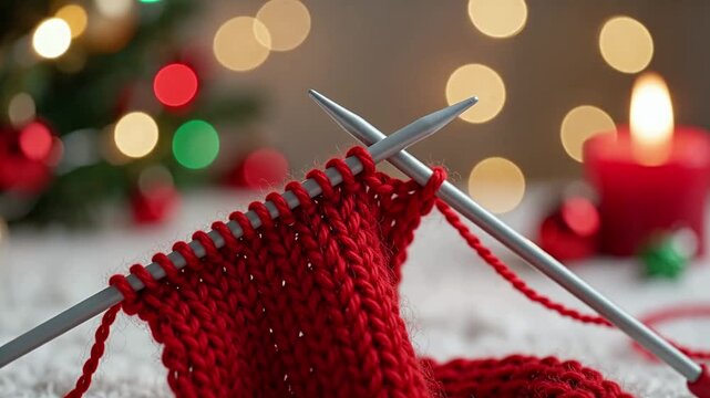 Pair knitting needles crimson yarn scarf growing slowly cozy