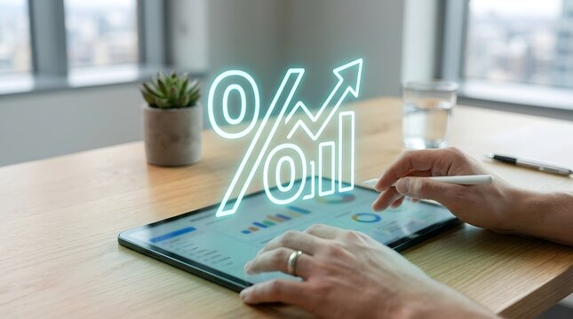 Tablet displaying rising percentage hologram and financial growth charts for business analysis.