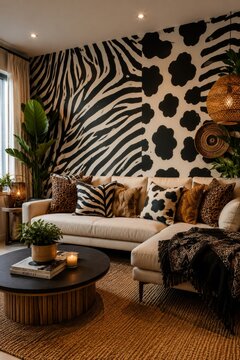Zebra and cow print accent wall living room with neutral sofa and boho decor for interior design background and home styling