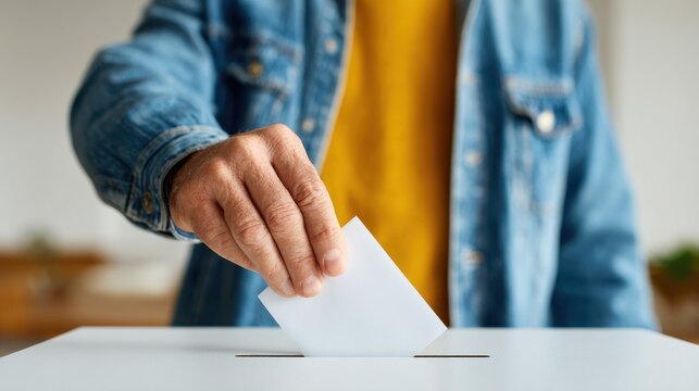 A person in a denim jacket casts a ballot into a voting box during an election. Civic duty and democracy concept for political campaigns.