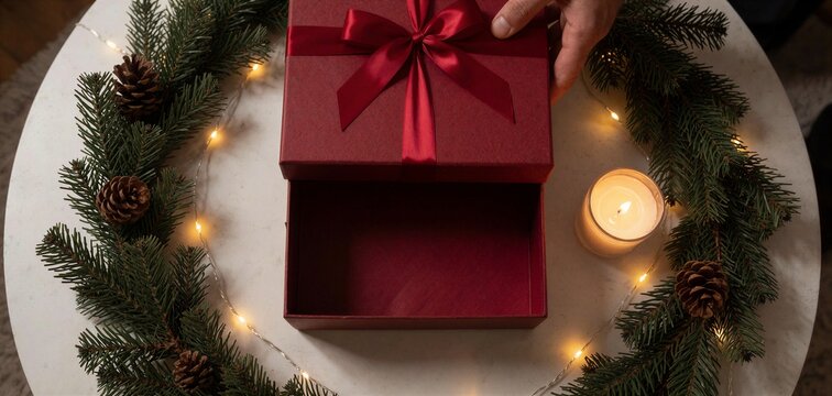 Top-down view of an opened crimson Christmas gift box on a marble table, surrounded by a glowing garland and candle, symbolizing gift exchange.