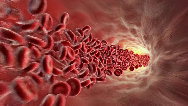 Red blood cells flowing macro inside artery with deep red and blue tones, illustrating bloodstream circulation, vascular biology, oxygen transport, hematology research, and medical diagnostics.