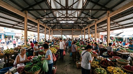Obraz premium Busy local fresh food market with vendors and buyers shopping