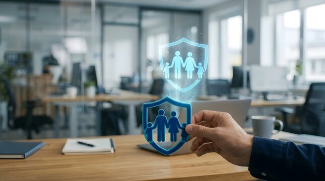 Family insurance shield icon with hologram in office.