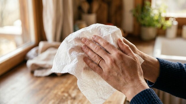 Close-up of woman's hands drying with soft white paper napkin, fingers slightly curled, warm natural sunlight in cozy kitchen setting