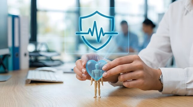 Health insurance concept with hands protecting a wooden mannequin under a digital heart shield icon in an office.