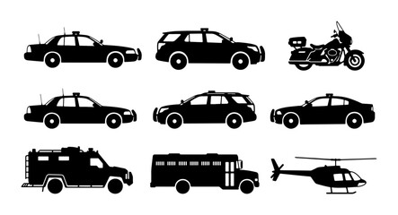 Police Car, SUV, Motorcycle, Helicopter, Bus, Armored Vehicle Icons: Law Enforcement Transport Set © Iqbal